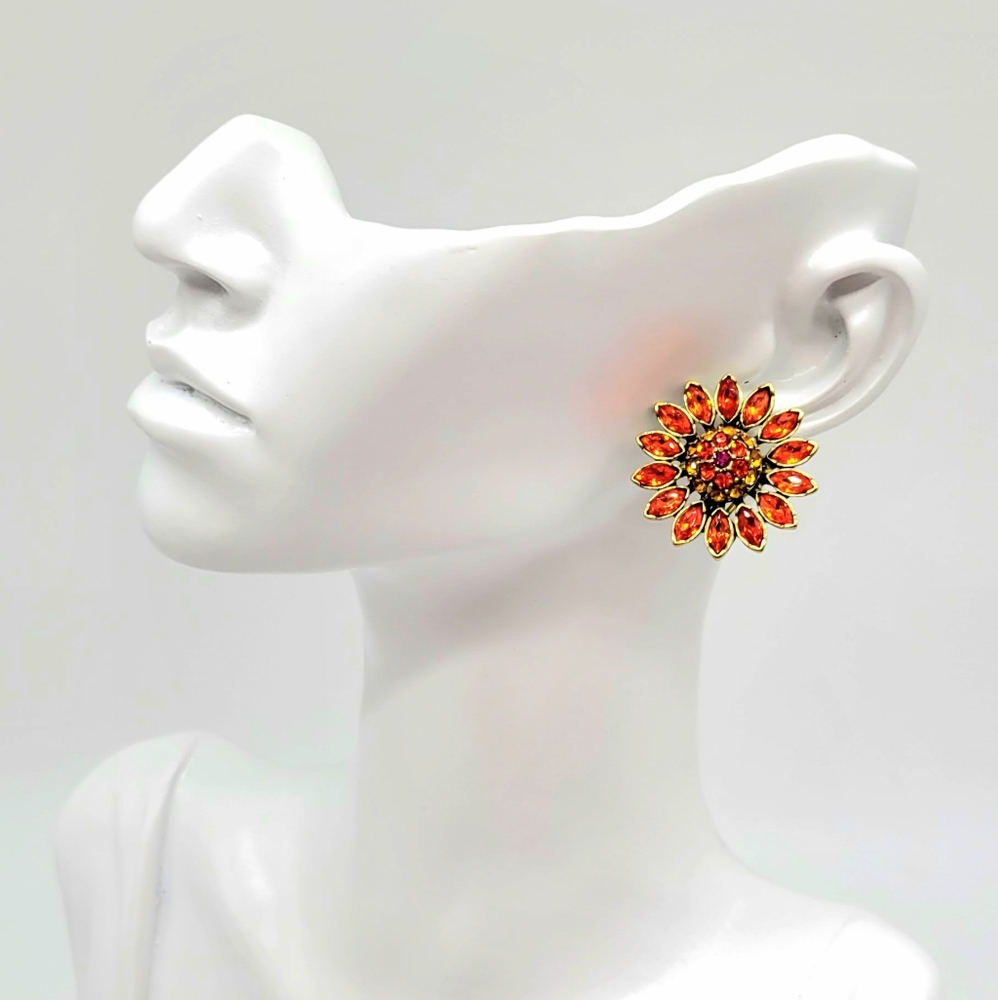 Heidi Daus Orange Swarovski Crystal Daisy Oversized Stud Earrings